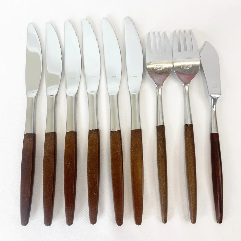 Pyramid Mix Lot 9 Replacement Flatware Wood Handles Japan Vintage Stainless MCM